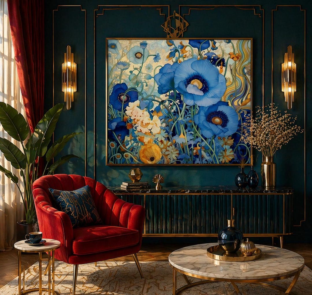 Gustav Klimt Inspered Blue Floral Fabric Panel: Chair Upholstery