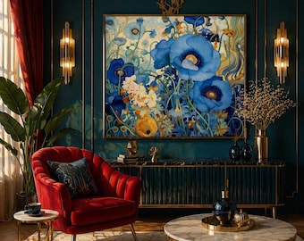 Gustav Klimt inspered Blue Floral Fabric Panel: Chair Upholstery, Home Decor