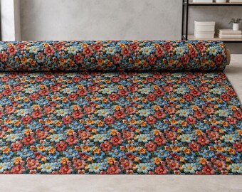 Tela estampada digitalmente con flores vintage, colorido diseño de flores silvestres, textil para costura de jardín rústico cortado a medida.