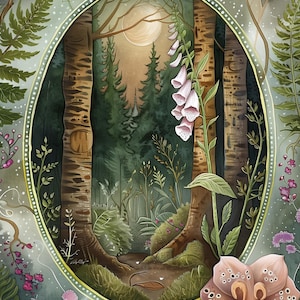Enchanted Forest – Magical Botanical Nature Scene Fabric Panel Collection, Vintage Style Girl Art Fabric ,Poster Fabric, Wall Art