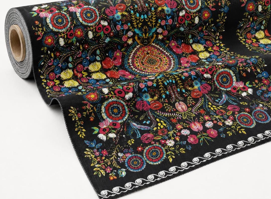 Folk Floral Fabric by the Yard, Embroidery Look Black Floral, Boho