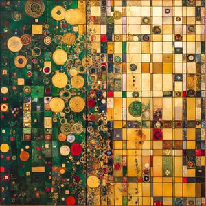 May include: Abstract artwork with a split composition. The left side has a dark green background with gold circular and square shapes, and red and white accents. The right side features a grid of yellow, green, and red squares and rectangles.