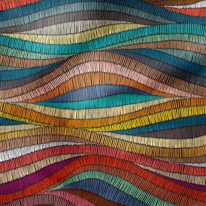 May include: Abstract pattern of colorful wavy lines created with a stitched effect. The lines are arranged in a repeating pattern and create a sense of movement and depth.