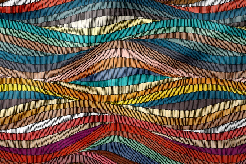 May include: Abstract pattern of colorful wavy lines created with a stitched effect. The lines are arranged in a repeating pattern and create a sense of movement and depth.