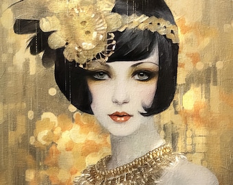 Golden Gatsby Fabric Panel: Vintage Woman Art Deco Print