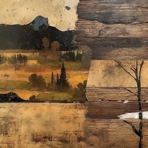 May include: Abstract mixed-media artwork depicting a landscape scene. The artwork combines painted elements with wood textures. The landscape shows a mountain, trees, and a field in shades of brown, yellow, and green. A bare tree is on the right.