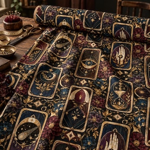 Tarot Fabric by the Yard, Oracle Card Celestial Floral, Mystical Gothic Botanical Sewing Textile