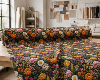 May include: A roll of fabric featuring a dense, colorful floral pattern on a dark background. The design includes various flowers in shades of orange, pink, white, and purple, interspersed with green foliage and small dotted details throughout.