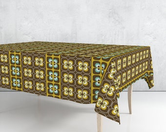 Mid Century Modern Style TableCloth, Vintage Flower Brown and Orange Geometric table decor, Custom size Tablecloth, Housewarming gift