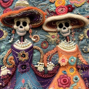 May include: Two embroidered felt figures of skeletons wearing sombreros and dresses with floral details. The figures are against a blue background with embroidered flowers.