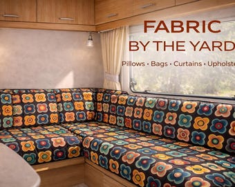 Retro Flower Power Fabric – 70s Style Groovy Floral Pattern – Multicolor Digital Print Textile by the Yard – Upholstery & DIY Craft Fabric