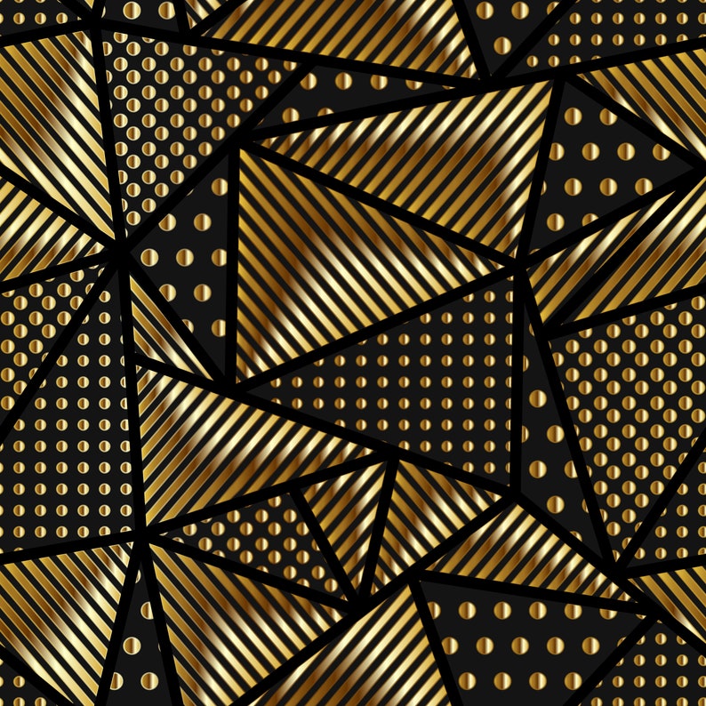 Pu&ograve; includere: Un motivo geometrico ripetitivo caratterizzato da triangoli neri riempiti con strisce diagonali dorate o pois dorati. Le forme sono separate da spesse linee nere, creando un design di superficie ad alto contrasto, metallico e opaco.