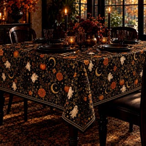 Könnte beinhalten: Eine schwarze Tischdecke mit einem sich wiederholenden Muster aus weißen Geistern, orangefarbenen Kürbissen, goldenen Mondsicheln, Sternen und Blumenmotiven. Der Stoff bedeckt einen Esstisch mit schwarzen Tellern, dunklen Gläsern und schwarzen Kerzen.