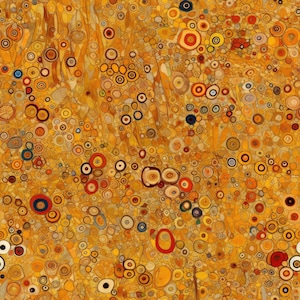 Puede incluir: Impresi&oacute;n de arte abstracto con un patr&oacute;n colorido de c&iacute;rculos y puntos sobre un fondo amarillo.