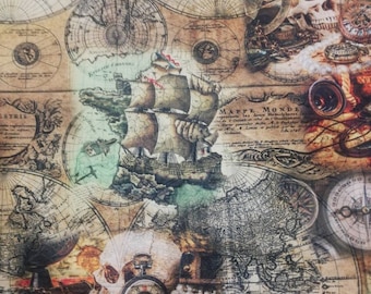 Tela de mapa del mundo: patrón de calavera, barco y brújula - Microfibra PES