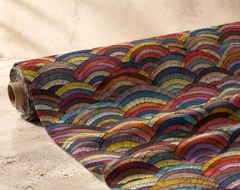 Tessuto a onde arcobaleno tagliato su misura, stampa geometrica a smerlo colorata, arredamento per la casa in stile metà secolo