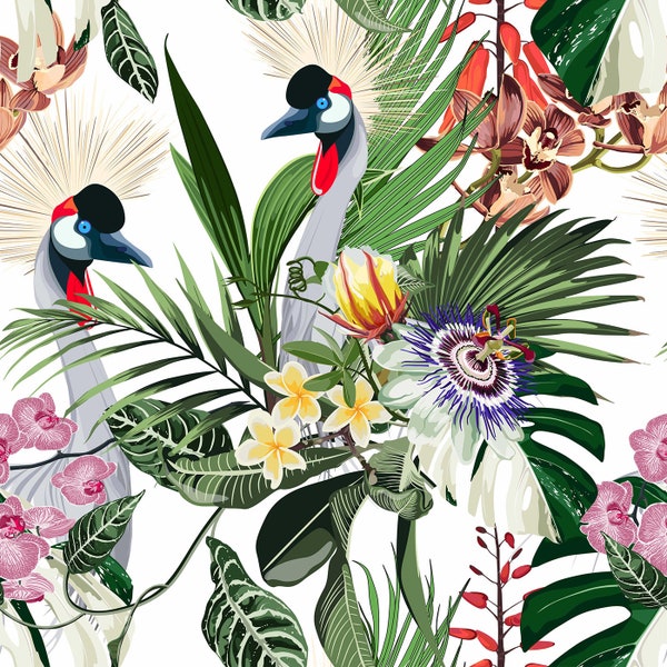 Exotische Vögel, Passionsblumen, Monster Palmenblätter, Tropische Illustration, Birds are the Nature of Paradise Print Polsterstoff 55'' wide
