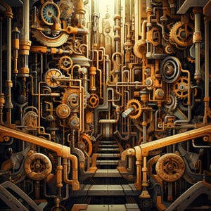 May include: An intricate illustration of a steampunk-inspired machine interior. The image features a complex network of pipes, gears, and mechanical components in shades of gold, bronze, and gray. The design suggests a futuristic or industrial theme.