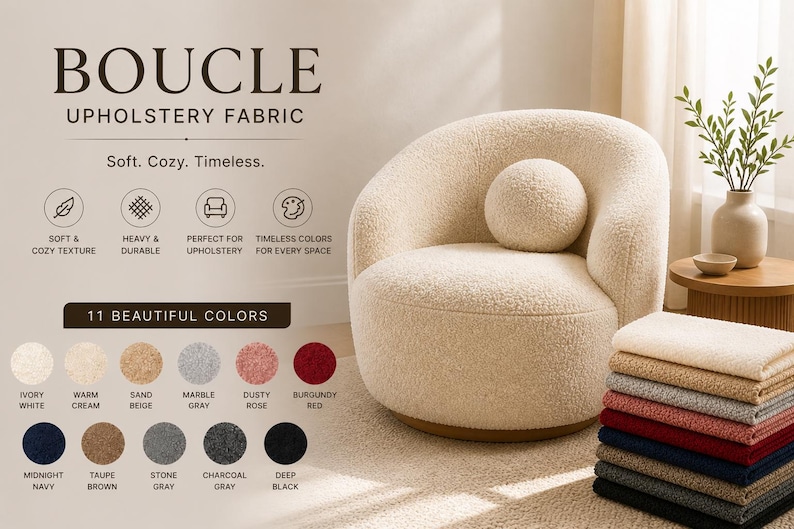 May include: A cream-colored boucle armchair with a matching round pillow. The image showcases a stack of fabric swatches in various colors, including ivory, beige, and burgundy. Text reads "Boucle Upholstery Fabric."