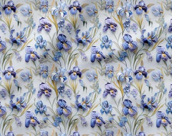 Blå irisblommigt tyg: Elegant polyestertryck för gör-det-själv-dekor