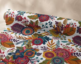 Colorful Floral Fabric by the Yard, Folk Art Botanical Print, Boho Maximalist Home Decor