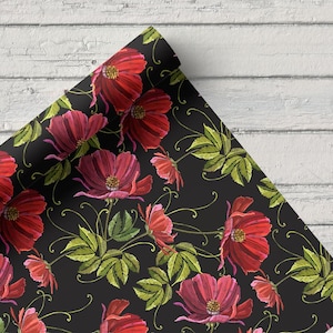 Red Peony Print Upholstery Fabric: Retro Floral Polyester by the Yard