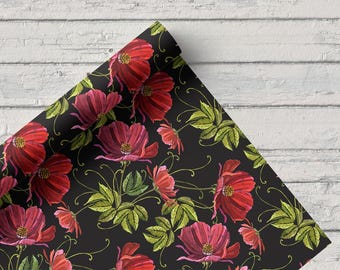 Red Peony Embroidery Effect Upholstery Fabric by the yard | Autumn Fabric | Furniture Drapery Sofa Cushion | Retro Decor | Polyester Print