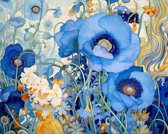 Gustav Klimt Blue Gold Flowers Panel Fabric | Poster Fabric | Chair Upholstery | Home Decor | Panel Fabric | Klimt Block Fabric