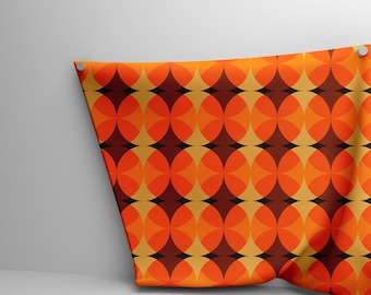 Retro stof oranje geometrische cirkels, bekleding jaren 70 stijl, textiel halverwege de eeuw moderne print, oranjebruin abstract patroon, op maat gesneden