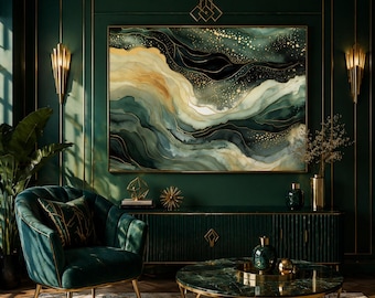 May include: An interior design scene featuring a large abstract painting with gold accents, a green velvet armchair, and a matching coffee table. The room is painted in a deep green with gold trim and sconces, creating a luxurious and elegant atmosphere.
