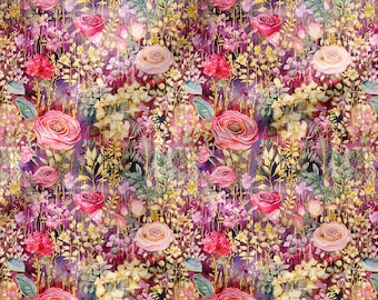 May include: A watercolor floral pattern featuring roses in shades of pink and peach, interspersed with yellow and green foliage. The background is a deep purple, creating a vibrant and romantic design. This pattern is suitable for fabric or wallpaper.