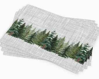 Placemats set, 32cmx48cm Table mat, Lined pine trees on the floor with linen effect, Winter Table Xmas housewarming gift