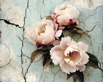 Puede incluir: Tres peonías de color rosa claro con acentos rojo oscuro y hojas verdes sobre un fondo agrietado azul claro y blanco. Las flores están en plena floración, mostrando sus delicados pétalos.