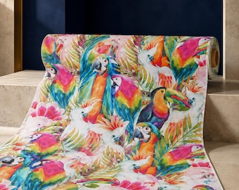 Tropischer Papageienstoff, farbenfroher Kakadu-Tukan-Druck, exotischer Dschungelvogel-Textil-Großhandel