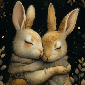 May include: Two brown rabbits with closed eyes are cuddling together under a gray and gold blanket. The rabbits are surrounded by dark green leaves and a starry night sky.