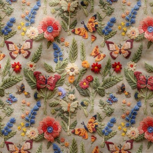 Butterfly & Floral Embroidery Effect Print Fabric, Polyester Fabric – Colorful Nature-Inspired Panel for DIY Home Decor, Vibrant Boho Decor