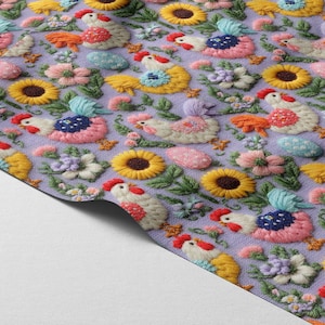 Chicken Farm Fabric: Embroidered Look Print, DIY & Decor