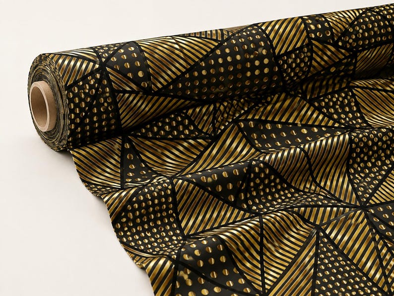Pu&ograve; includere: Un rotolo di tessuto con un motivo geometrico di triangoli neri e oro metallizzato. Il design alterna sezioni a righe dorate diagonali e sezioni a pois dorati su sfondo nero, avvolto attorno a un supporto cilindrico in cartone.