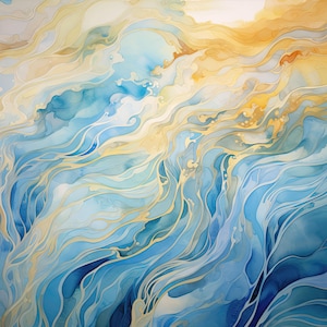 Watercolor Ocean Waves Fabric, Abstract Sea Panel, Blue Coastal Textile, Artistic Digital Print, Beach Theme Fabric for DIY & Home Decor