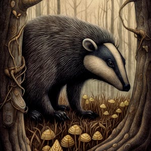 Può includere: Illustrazione di un tasso in un ambiente forestale. Il tasso ha un pelo nero e grigio con una striscia bianca sul viso. Il terreno della foresta è coperto di erba marrone e funghi gialli, con alberi sullo sfondo.