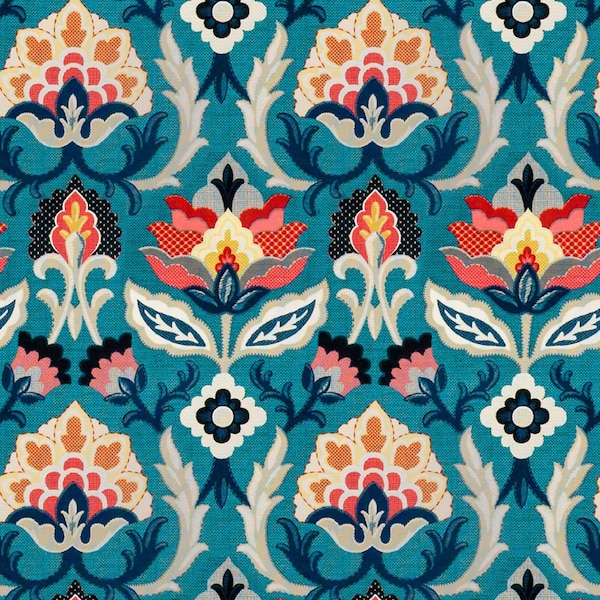 Santa Maria Fabric by the yards | Tapestry Pattern Fabric, Decorative Upholstery, Ornament Fabric Navy Blue and Orange fabric Folklorica