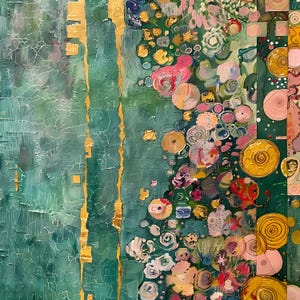 Pode incluir: Pintura abstrata com fundo verde e detalhes dourados. A pintura apresenta uma variedade de formas e padrões coloridos, incluindo flores, círculos e redemoinhos.