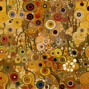 Puede incluir: Impresi&oacute;n de arte abstracto con un patr&oacute;n colorido de c&iacute;rculos y remolinos en tonos de amarillo, naranja, rojo, azul, verde y marr&oacute;n. El fondo es marr&oacute;n texturizado y moteado.
