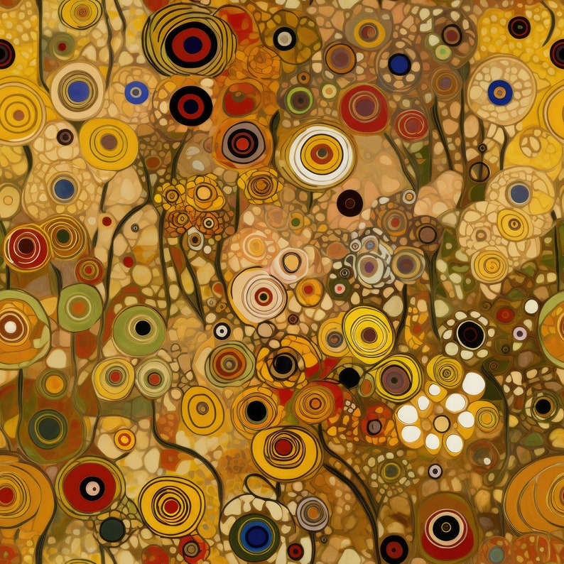 Puede incluir: Impresi&oacute;n de arte abstracto con un patr&oacute;n colorido de c&iacute;rculos y remolinos en tonos de amarillo, naranja, rojo, azul, verde y marr&oacute;n. El fondo es marr&oacute;n texturizado y moteado.