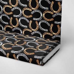 Gold and silver horseshoes with embroidery effect | Print Fabric | Polyester Fabric | Upholstery Fabric | Outdoor Fabric | 1 Yard