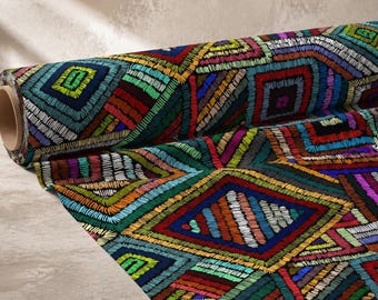 Colorful Geometric Fabric by the Yard, Embroidery Look Boho Tribal Print, Multicolor Decor