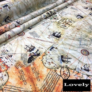 Map Of Piri Reis Fabric | Polyester Fabric | Furniture Upholstery | Chair Sofa Bench Pillow Drapery Tote Bag Apron