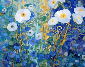Tissu à panneaux floral Klimt bleu doré | Tissu pour affiches | Rembourrage de chaise | Décoration d'intérieur | Tissu à panneaux | Tissu Gustav Klimt avec des blocs