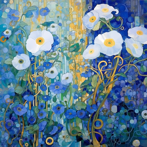 Tissu à panneaux floral Klimt bleu doré | Tissu pour affiches | Rembourrage de chaise | Décoration d'intérieur | Tissu à panneaux | Tissu Gustav Klimt avec des blocs