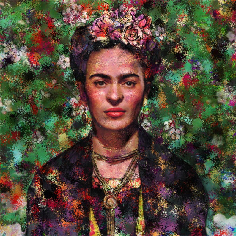 May include: A digital painting of a woman with dark hair, wearing a floral crown and jewelry. The portrait features a colorful, textured style with a green and floral background. The woman has a serious expression.